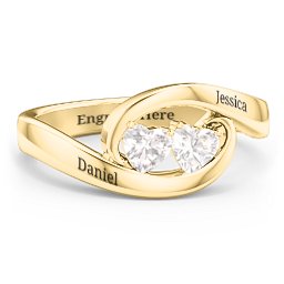 Engravable Double Heart Gemstone Wave Ring in 18K Gold Plated Silver with Cubic Zirconia