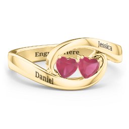 Engravable Double Heart Gemstone Wave Ring in 18K Gold Plated Silver with Ruby