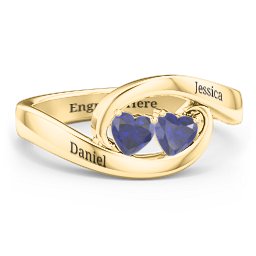 Engravable Double Heart Gemstone Wave Ring in 18K Gold Plated Silver with Blue Sapphire