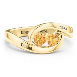Engravable Double Heart Gemstone Wave Ring in 18K Gold Plated Silver with Citrine