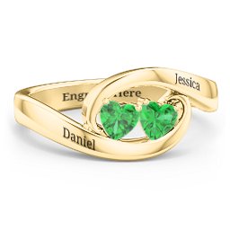 Engravable Double Heart Gemstone Wave Ring in 18K Gold Plated Silver with Emerald