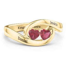 Engravable Double Heart Gemstone Wave Ring in 18K Gold Plated Silver with Ruby