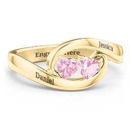 Engravable Double Heart Gemstone Wave Ring in 18K Gold Plated Silver with Pink Tourmaline
