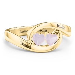 Engravable Double Heart Gemstone Wave Ring in 18K Gold Plated Silver with Opal
