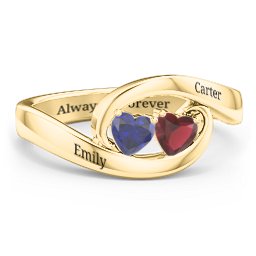 Engravable Double Heart Gemstone Wave Ring in 18K Gold Plated Silver with Blue Sapphire and Garnet
