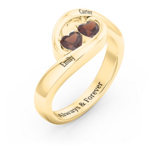 Engravable Double Heart Gemstone Wave Ring – 18K Gold Plated Silver with Garnet