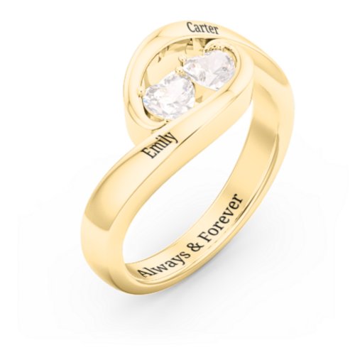 Engravable Double Heart Gemstone Wave Ring – 18K Gold Plated Silver with Cubic Zirconia