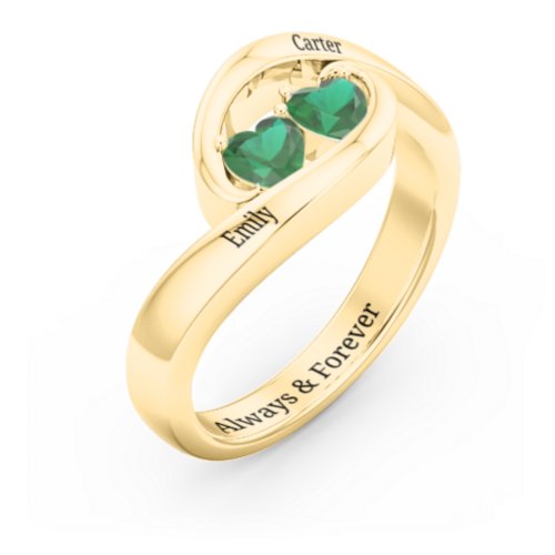 Engravable Double Heart Gemstone Wave Ring – 18K Gold Plated Silver with Emerald