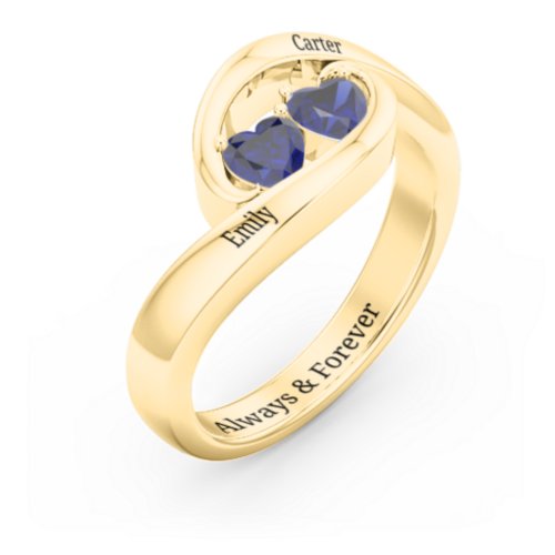 Engravable Double Heart Gemstone Wave Ring – 18K Gold Plated Silver with Blue Sapphire