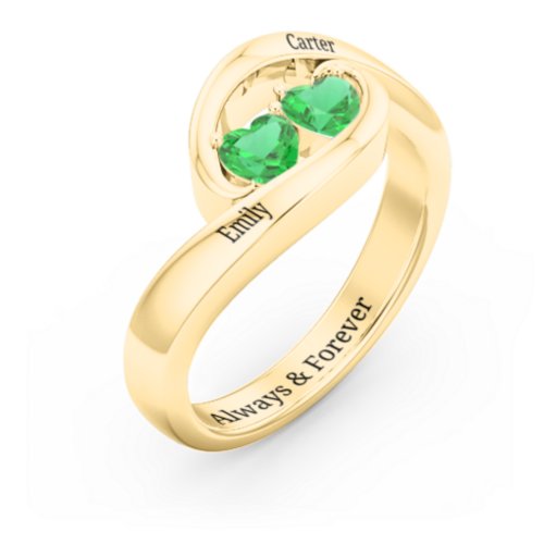Engravable Double Heart Gemstone Wave Ring – 18K Gold Plated Silver with Emerald