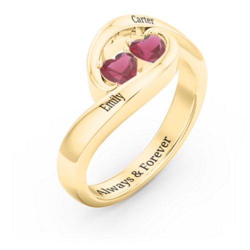 Engravable Double Heart Gemstone Wave Ring – 18K Gold Plated Silver with Ruby