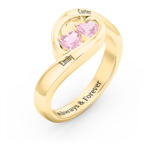 Engravable Double Heart Gemstone Wave Ring – 18K Gold Plated Silver with Pink Tourmaline