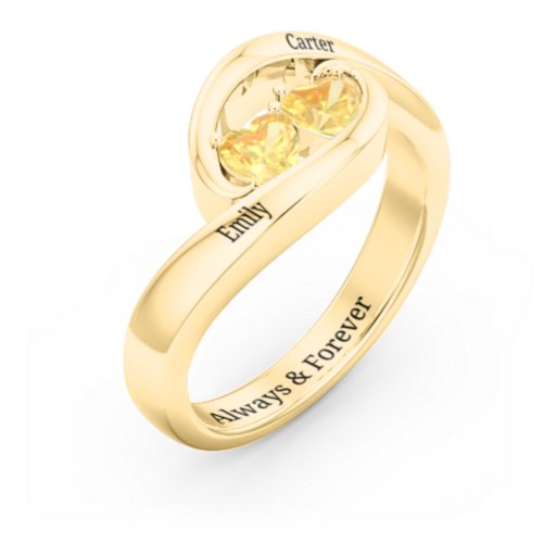 Engravable Double Heart Gemstone Wave Ring – 18K Gold Plated Silver with Citrine
