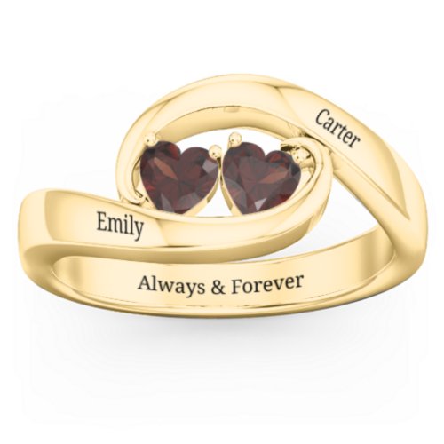 Engravable Double Heart Gemstone Wave Ring – 18K Gold Plated Silver with Garnet