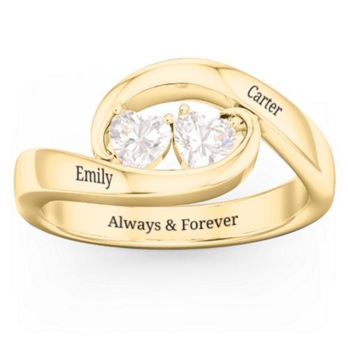 Engravable Double Heart Gemstone Wave Ring – 18K Gold Plated Silver with Cubic Zirconia