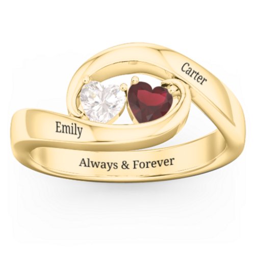 Engravable Double Heart Gemstone Wave Ring – 18K Gold Plated Silver with Cubic Zirconia and Garnet