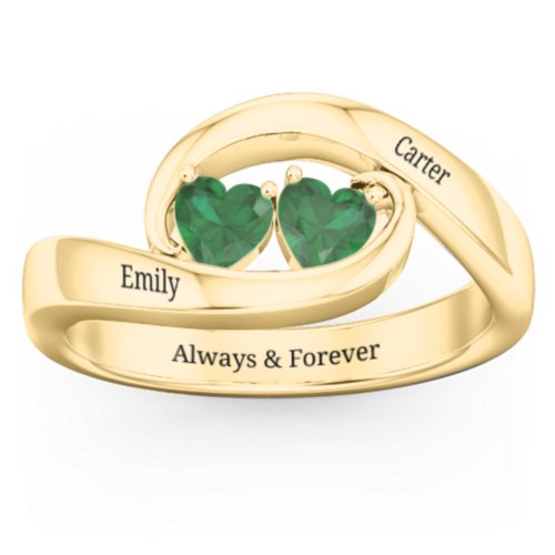 Engravable Double Heart Gemstone Wave Ring – 18K Gold Plated Silver with Emerald