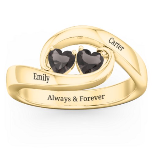 Engravable Double Heart Gemstone Wave Ring – 18K Gold Plated Silver with Smokey Quartz