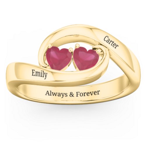 Engravable Double Heart Gemstone Wave Ring – 18K Gold Plated Silver with Ruby