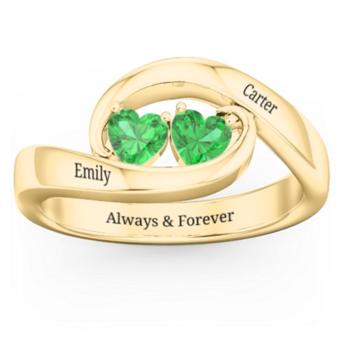 Engravable Double Heart Gemstone Wave Ring – 18K Gold Plated Silver with Emerald
