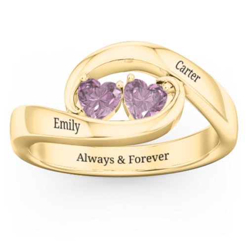 Engravable Double Heart Gemstone Wave Ring – 18K Gold Plated Silver with Alexandrite