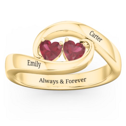 Engravable Double Heart Gemstone Wave Ring – 18K Gold Plated Silver with Ruby
