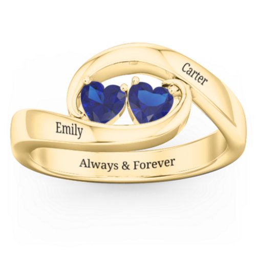 Engravable Double Heart Gemstone Wave Ring – 18K Gold Plated Silver with Blue Sapphire