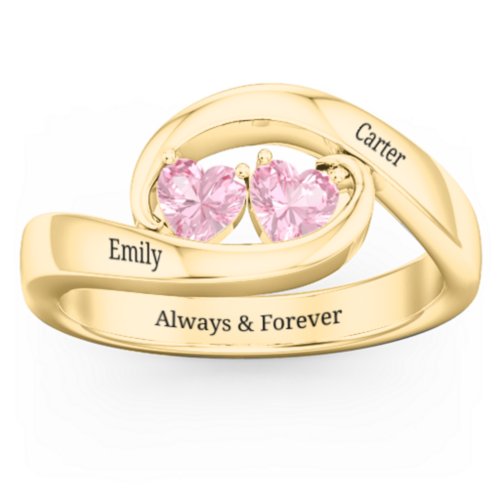 Engravable Double Heart Gemstone Wave Ring – 18K Gold Plated Silver with Pink Tourmaline
