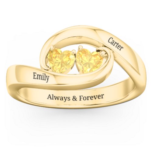 Engravable Double Heart Gemstone Wave Ring – 18K Gold Plated Silver with Citrine