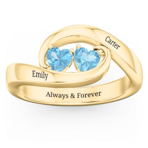 Engravable Double Heart Gemstone Wave Ring – 18K Gold Plated Silver with Blue Topaz