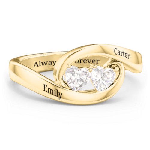 Engravable Double Heart Gemstone Wave Ring – 18K Gold Plated Silver with Cubic Zirconia