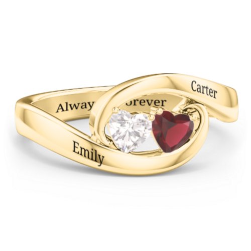 Engravable Double Heart Gemstone Wave Ring – 18K Gold Plated Silver with Cubic Zirconia and Garnet