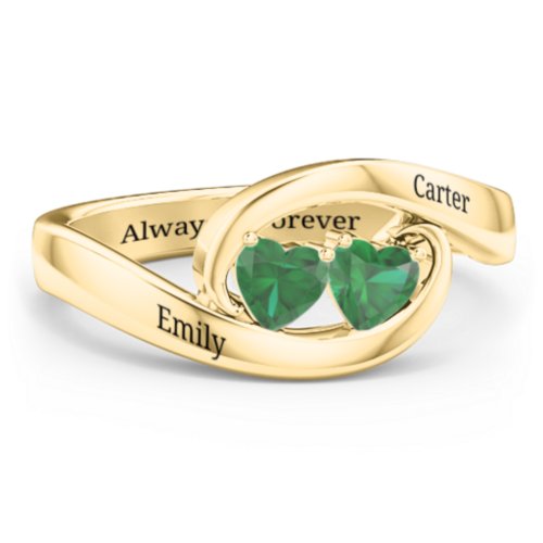 Engravable Double Heart Gemstone Wave Ring – 18K Gold Plated Silver with Emerald