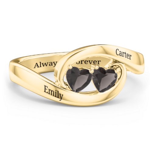 Engravable Double Heart Gemstone Wave Ring – 18K Gold Plated Silver with Smokey Quartz
