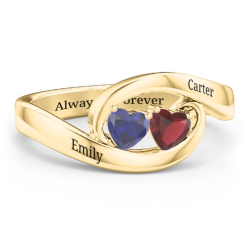 Engravable Double Heart Gemstone Wave Ring – 18K Gold Plated Silver with Blue Sapphire and Garnet