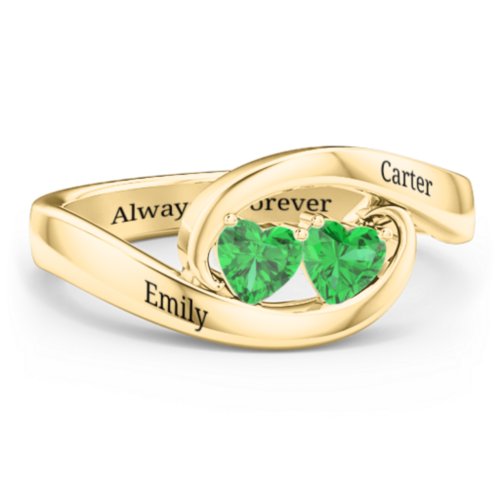 Engravable Double Heart Gemstone Wave Ring – 18K Gold Plated Silver with Emerald