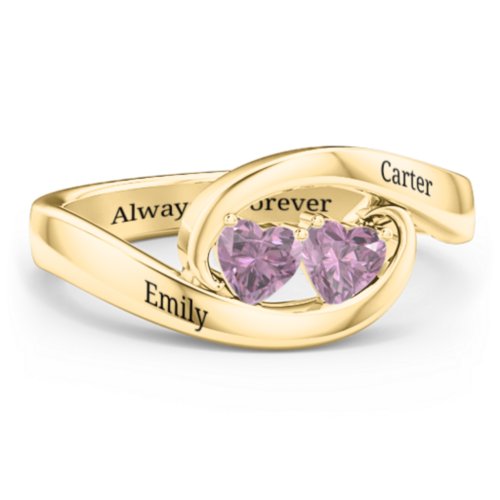 Engravable Double Heart Gemstone Wave Ring – 18K Gold Plated Silver with Alexandrite