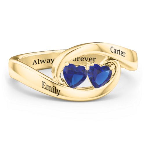 Engravable Double Heart Gemstone Wave Ring – 18K Gold Plated Silver with Blue Sapphire