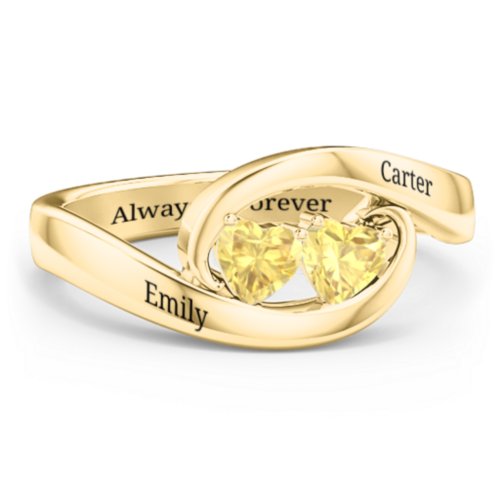 Engravable Double Heart Gemstone Wave Ring – 18K Gold Plated Silver with Citrine