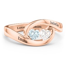 Engravable Double Heart Gemstone Wave Ring in 10K Solid Rose Gold with Aquamarine and Cubic Zirconia