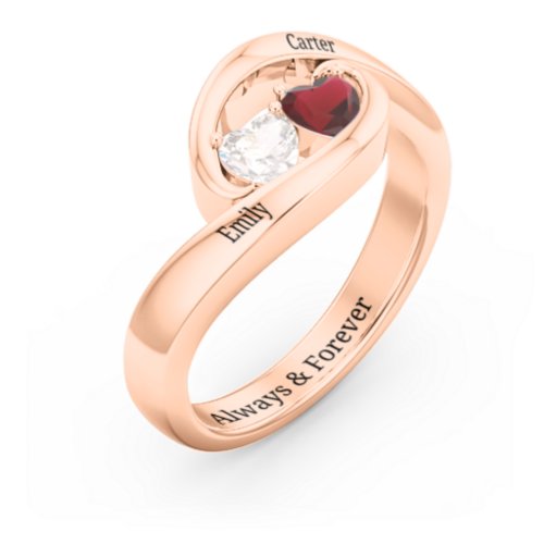 Engravable Double Heart Gemstone Wave Ring – 10K Rose Gold with Cubic Zirconia and Garnet