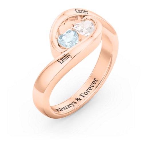 Engravable Double Heart Gemstone Wave Ring – 10K Rose Gold with Aquamarine and Cubic Zirconia