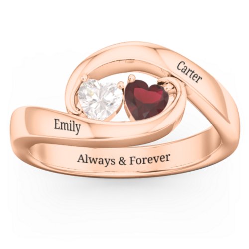 Engravable Double Heart Gemstone Wave Ring – 10K Rose Gold with Cubic Zirconia and Garnet