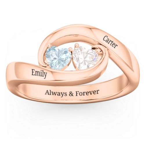 Engravable Double Heart Gemstone Wave Ring – 10K Rose Gold with Aquamarine and Cubic Zirconia