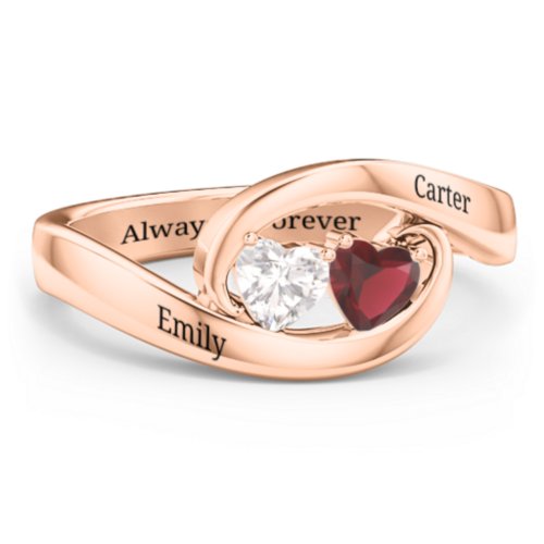 Engravable Double Heart Gemstone Wave Ring – 10K Rose Gold with Cubic Zirconia and Garnet