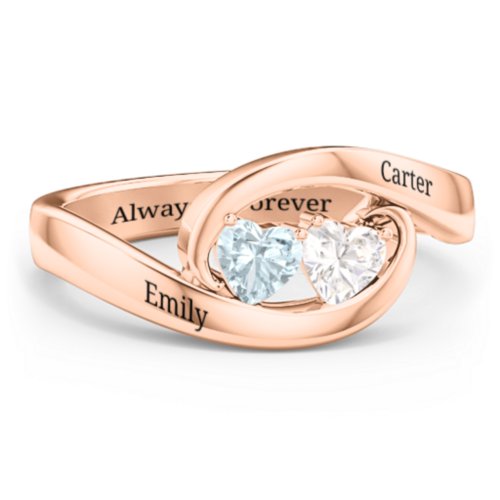 Engravable Double Heart Gemstone Wave Ring – 10K Rose Gold with Aquamarine and Cubic Zirconia
