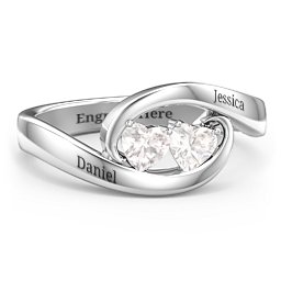 Engravable Double Heart Gemstone Wave Ring in 925 Sterling Silver with Cubic Zirconia