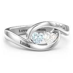 Engravable Double Heart Gemstone Wave Ring in 925 Sterling Silver with Aquamarine and Cubic Zirconia