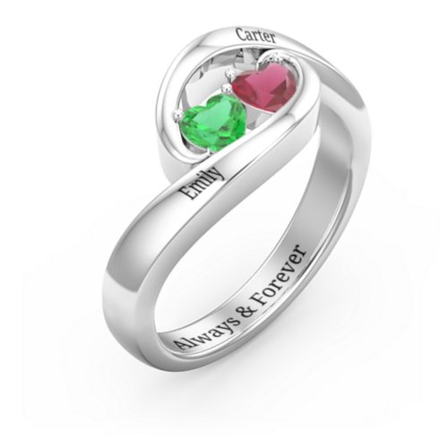 Engravable Double Heart Gemstone Wave Ring – Sterling Silver with Emerald and Ruby