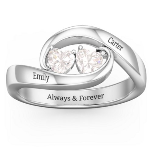 Engravable Double Heart Gemstone Wave Ring – Sterling Silver with Cubic Zirconia